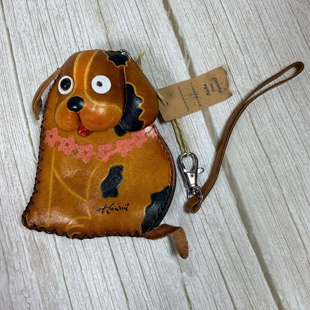 Dog Puppy Wristlet Purse Hawaiian Lei Zipper Brown Leather Small Child Coin Bag